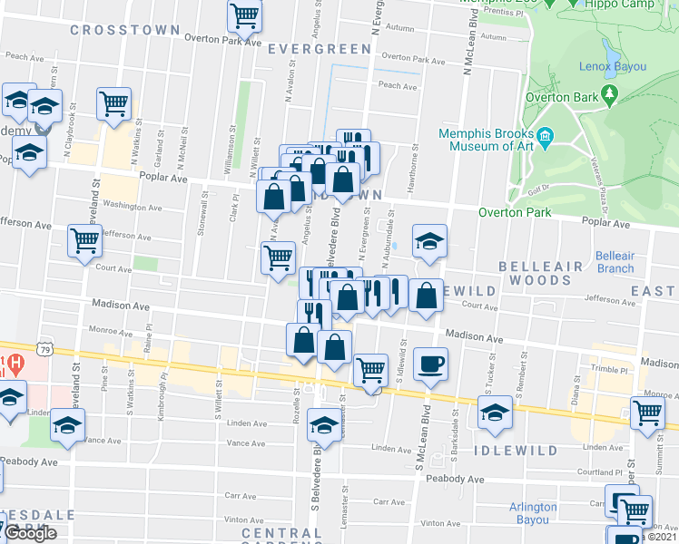 map of restaurants, bars, coffee shops, grocery stores, and more near 74 North Belvedere Boulevard in Memphis