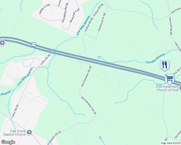 map of restaurants, bars, coffee shops, grocery stores, and more near 208 McClanahan Road Southeast in Cleveland