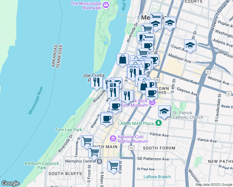 map of restaurants, bars, coffee shops, grocery stores, and more near 245 South Front Street in Memphis