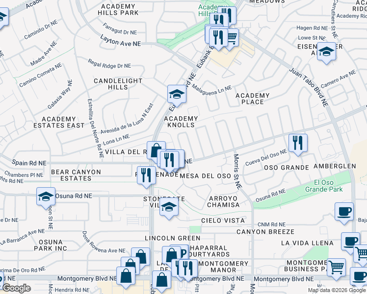 map of restaurants, bars, coffee shops, grocery stores, and more near 5324 Lucille Drive Northeast in Albuquerque