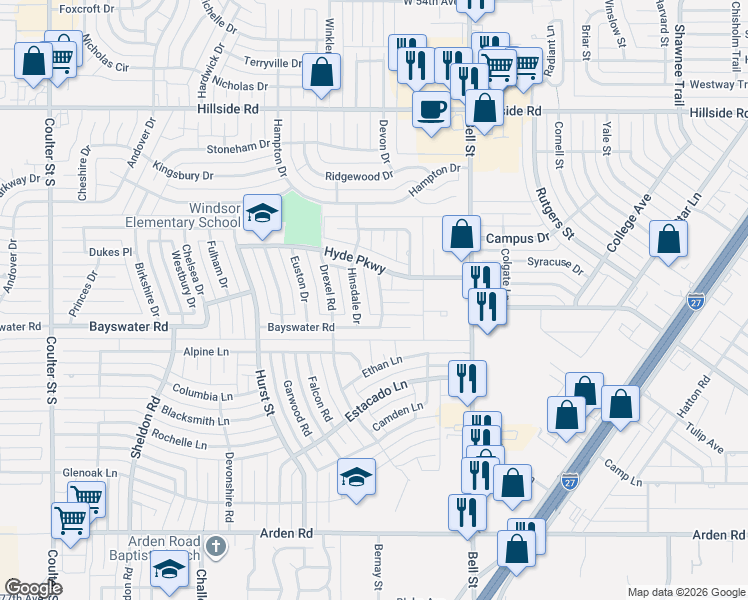 map of restaurants, bars, coffee shops, grocery stores, and more near 6405 Hamstead Drive in Amarillo