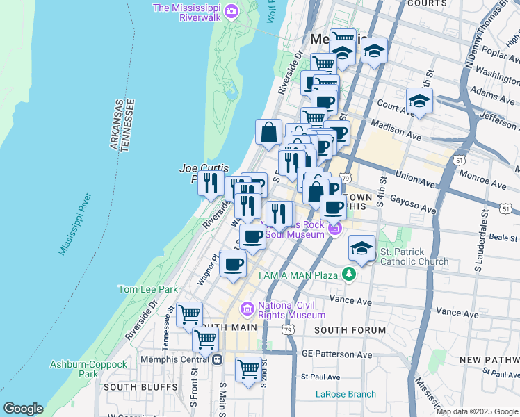map of restaurants, bars, coffee shops, grocery stores, and more near 231 South Front Street in Memphis