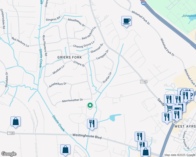 map of restaurants, bars, coffee shops, grocery stores, and more near 2627 Scarlet Circle in Charlotte