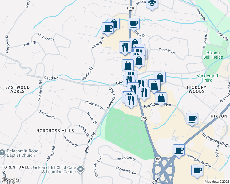 map of restaurants, bars, coffee shops, grocery stores, and more near 4717 Metro Park Lane in Chattanooga