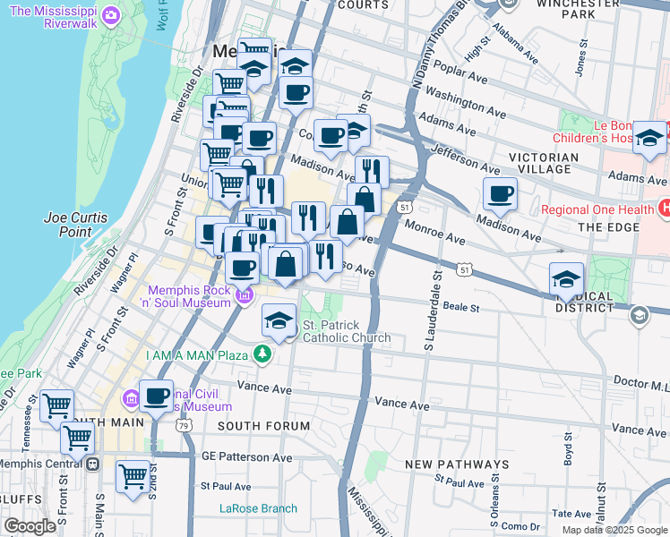 map of restaurants, bars, coffee shops, grocery stores, and more near 285 Gayoso Avenue in Memphis