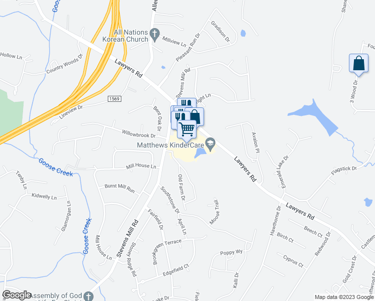 map of restaurants, bars, coffee shops, grocery stores, and more near 7800j Stevens Mill Road in Matthews