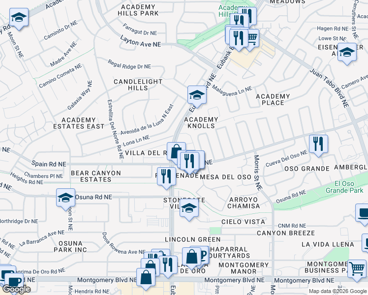 map of restaurants, bars, coffee shops, grocery stores, and more near in Albuquerque