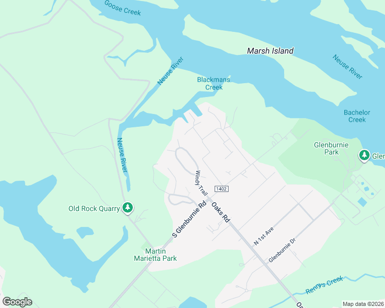 map of restaurants, bars, coffee shops, grocery stores, and more near 3634 Windy Trail in New Bern