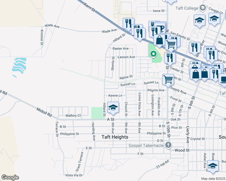 map of restaurants, bars, coffee shops, grocery stores, and more near 607 Sunset Lane in Taft