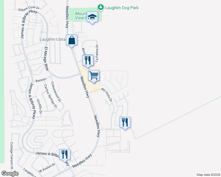 map of restaurants, bars, coffee shops, grocery stores, and more near 3075 Palo Verde Drive in Laughlin