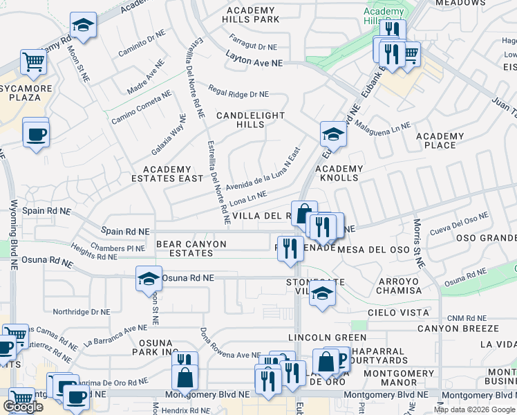 map of restaurants, bars, coffee shops, grocery stores, and more near 9504 Lona Lane Northeast in Albuquerque