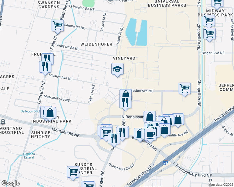 map of restaurants, bars, coffee shops, grocery stores, and more near 4920 Union Way Northeast in Albuquerque