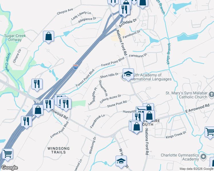 map of restaurants, bars, coffee shops, grocery stores, and more near 8100 Lamplighter Place in Charlotte