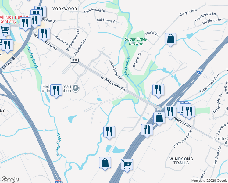 map of restaurants, bars, coffee shops, grocery stores, and more near 1401-1679 State Road 1138 in Charlotte