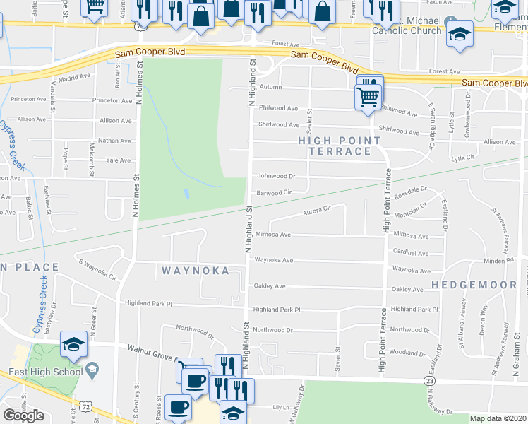 map of restaurants, bars, coffee shops, grocery stores, and more near 312 North Highland Street in Memphis