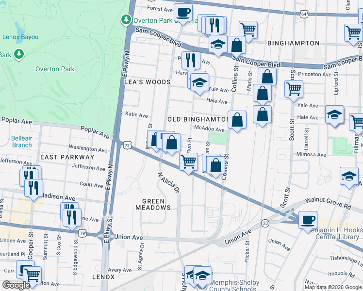 map of restaurants, bars, coffee shops, grocery stores, and more near 199 North Merton Street in Memphis
