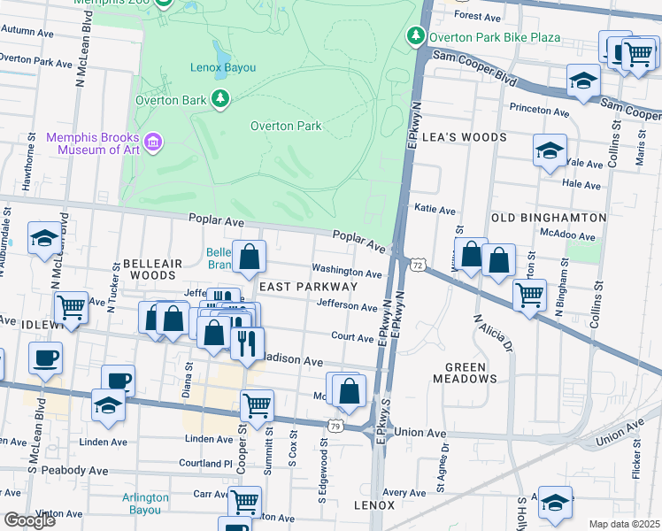 map of restaurants, bars, coffee shops, grocery stores, and more near 2228 Washington Avenue in Memphis