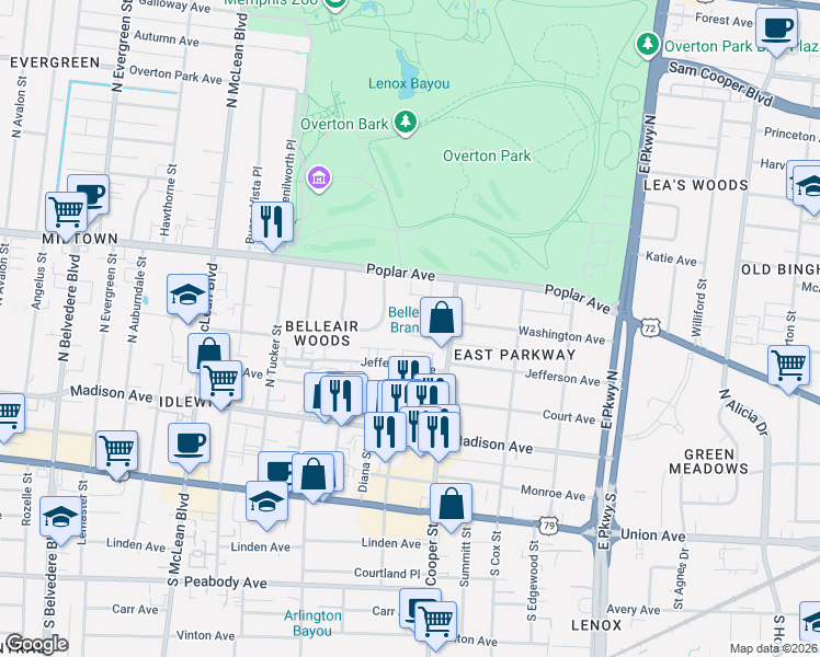 map of restaurants, bars, coffee shops, grocery stores, and more near 2095 Washington Avenue in Memphis