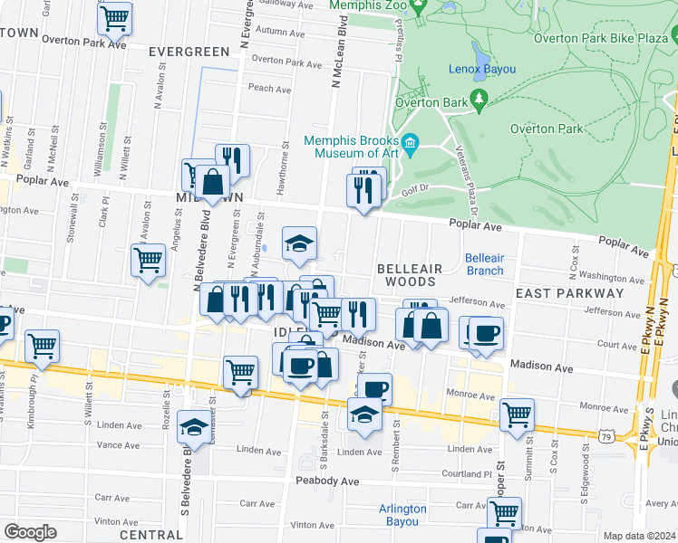 map of restaurants, bars, coffee shops, grocery stores, and more near 115 Barksdale Court in Memphis