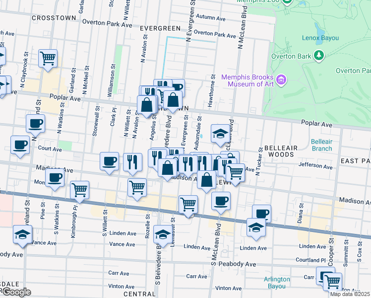 map of restaurants, bars, coffee shops, grocery stores, and more near 96 North Evergreen Street in Memphis