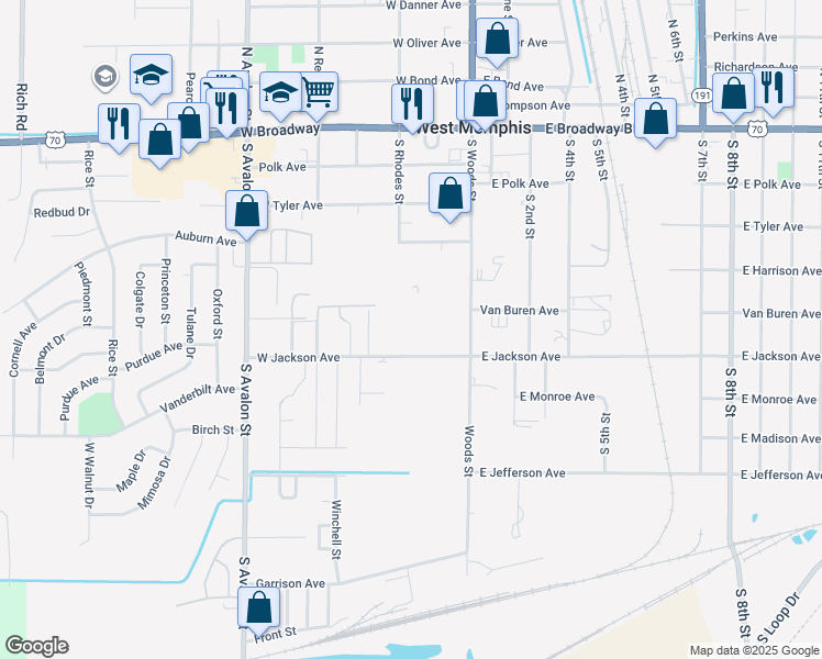 map of restaurants, bars, coffee shops, grocery stores, and more near Cypress Point Road in West Memphis