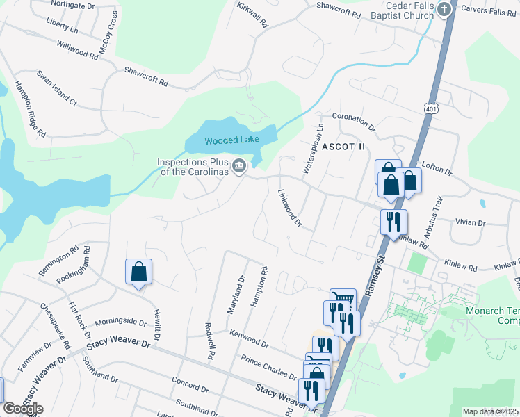 map of restaurants, bars, coffee shops, grocery stores, and more near 320 Bubble Creek Court in Fayetteville