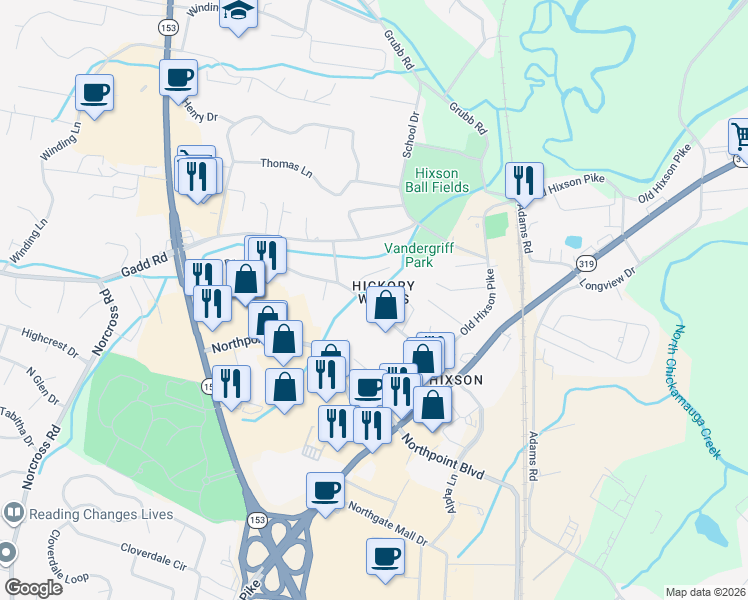 map of restaurants, bars, coffee shops, grocery stores, and more near 5219 Austin Road in Chattanooga