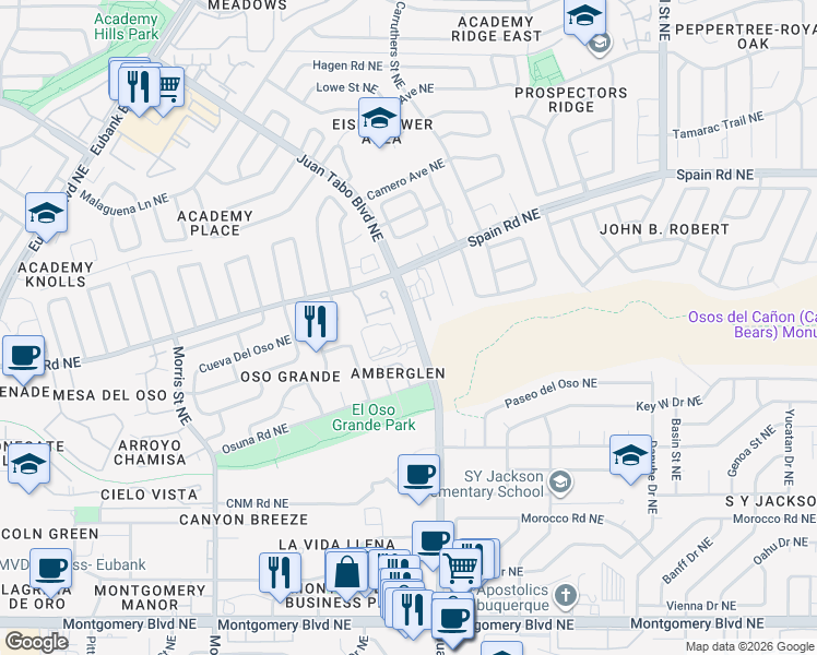 map of restaurants, bars, coffee shops, grocery stores, and more near 5205 Juan Tabo Boulevard Northeast in Albuquerque