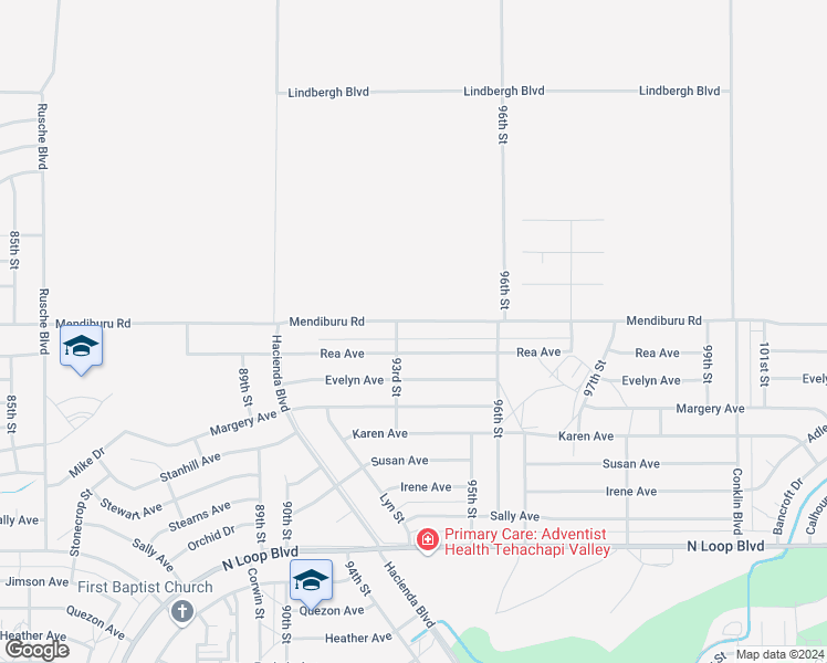 map of restaurants, bars, coffee shops, grocery stores, and more near 9316 Mendiburu Road in California City