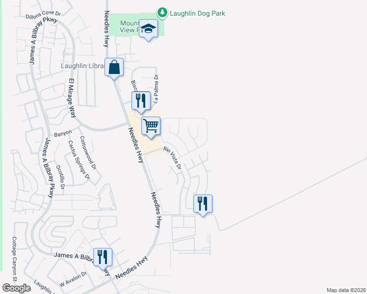 map of restaurants, bars, coffee shops, grocery stores, and more near 3105 Palo Verde Drive in Laughlin