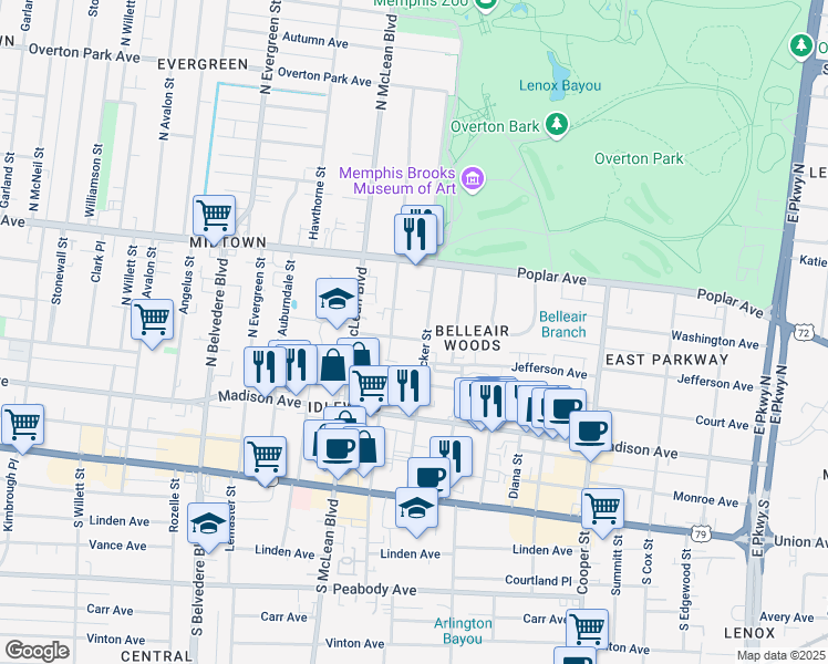 map of restaurants, bars, coffee shops, grocery stores, and more near 1922 Jefferson Ave in Memphis