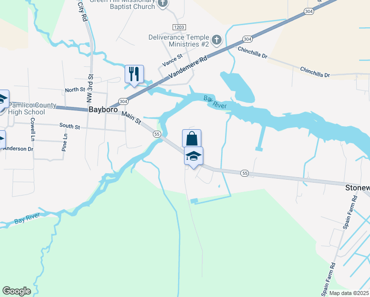 map of restaurants, bars, coffee shops, grocery stores, and more near 15443 North Carolina 55 in Bayboro