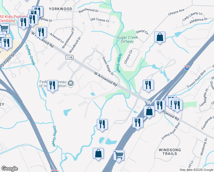 map of restaurants, bars, coffee shops, grocery stores, and more near 1401-1679 State Road 1138 in Charlotte