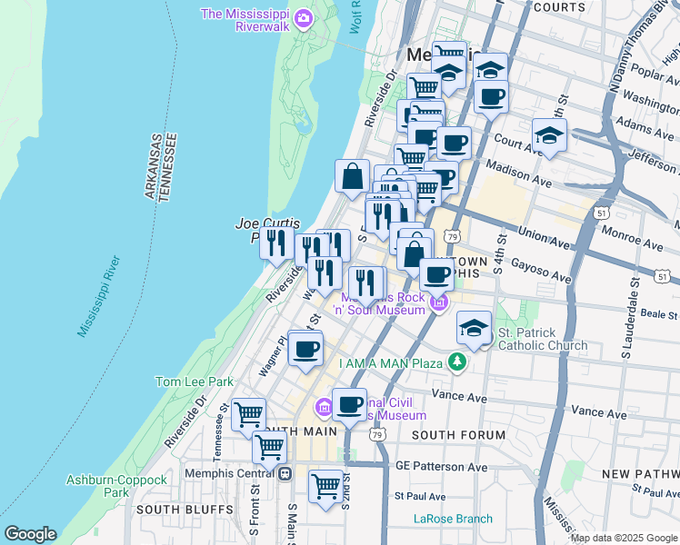 map of restaurants, bars, coffee shops, grocery stores, and more near 231 South Front Street in Memphis