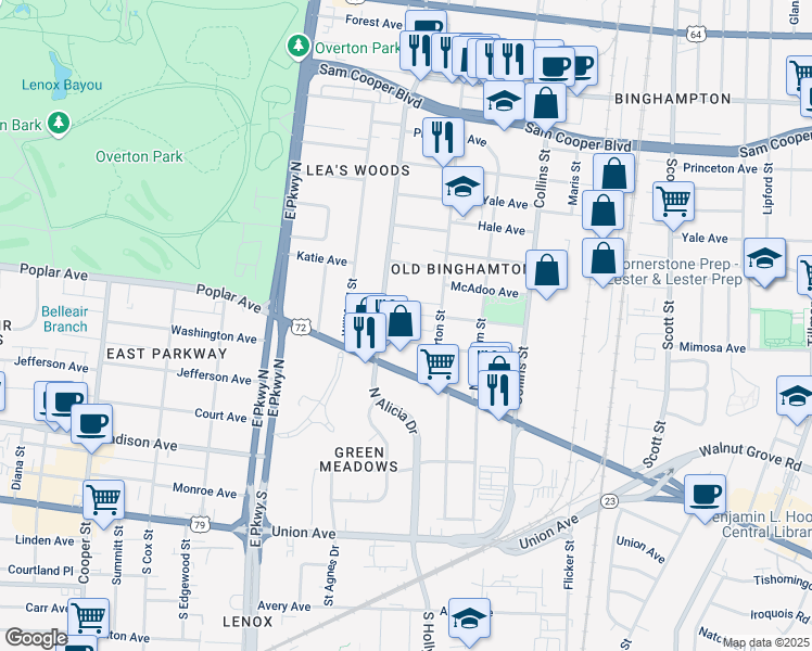 map of restaurants, bars, coffee shops, grocery stores, and more near 170 North Hollywood Street in Memphis