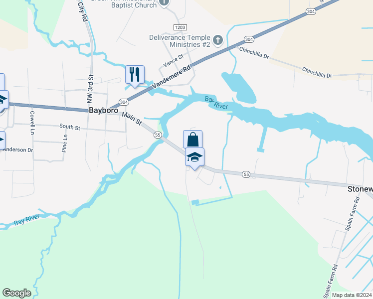 map of restaurants, bars, coffee shops, grocery stores, and more near 15443 North Carolina 55 in Bayboro