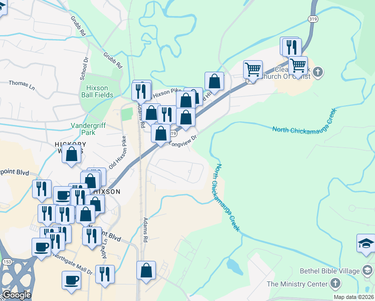 map of restaurants, bars, coffee shops, grocery stores, and more near 5410 Longview Dr in Chattanooga