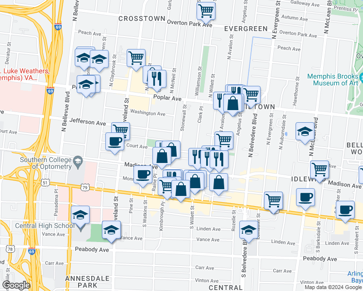 map of restaurants, bars, coffee shops, grocery stores, and more near 66 Stonewall Street in Memphis