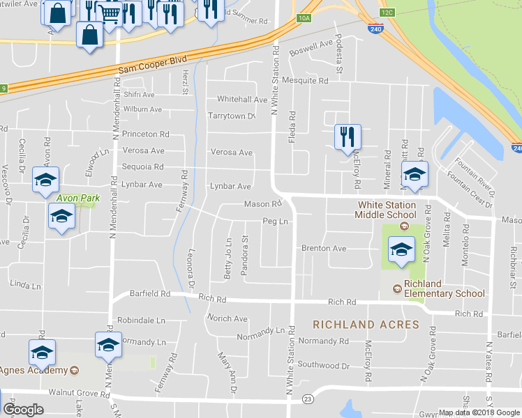 map of restaurants, bars, coffee shops, grocery stores, and more near 5186 Mason Road in Memphis