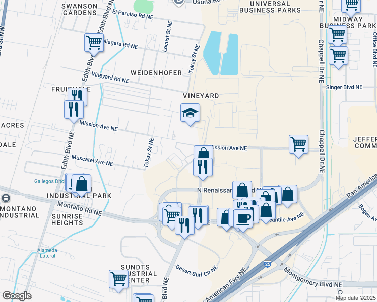 map of restaurants, bars, coffee shops, grocery stores, and more near 4920 Union Way Northeast in Albuquerque