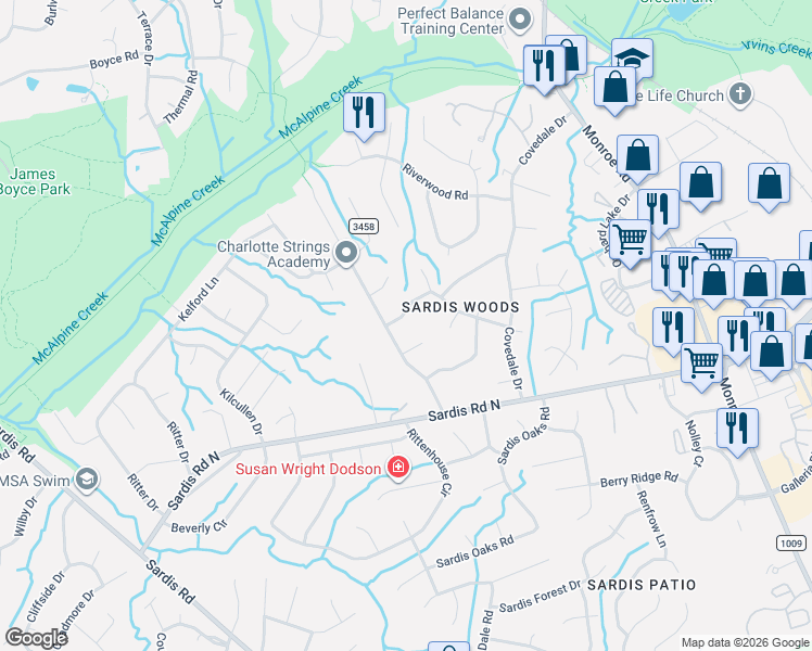map of restaurants, bars, coffee shops, grocery stores, and more near 718 Falls Church Road in Charlotte
