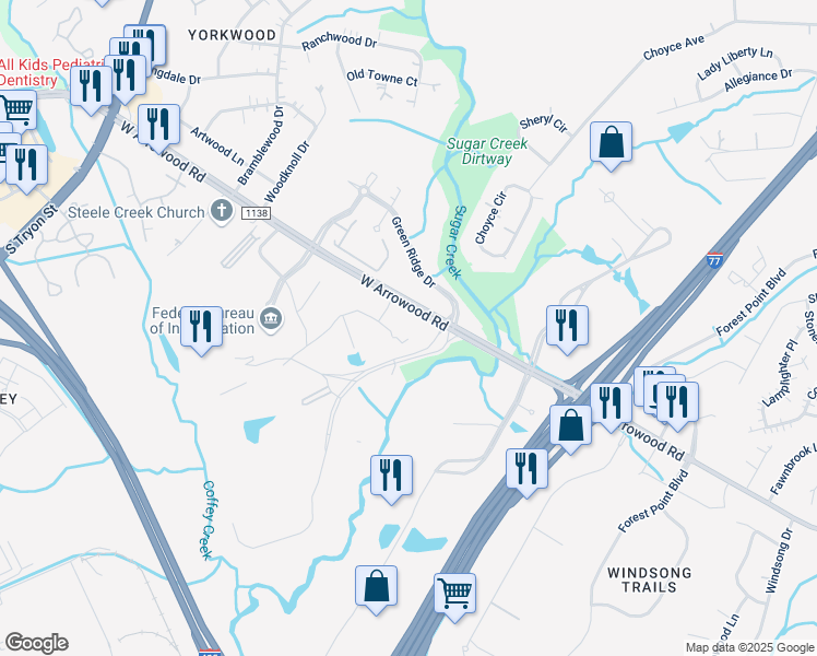 map of restaurants, bars, coffee shops, grocery stores, and more near 1401-1679 State Road 1138 in Charlotte