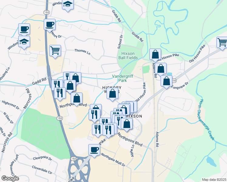 map of restaurants, bars, coffee shops, grocery stores, and more near 5224 Hickory Woods Lane in Chattanooga