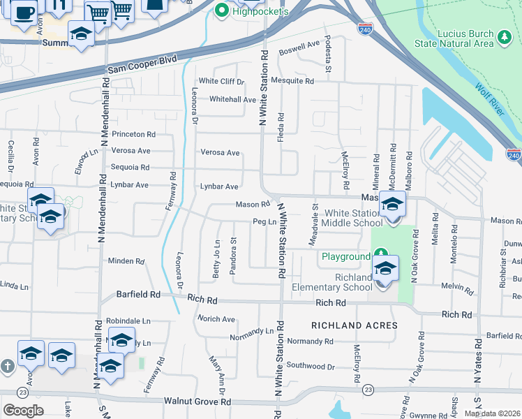 map of restaurants, bars, coffee shops, grocery stores, and more near 5186 Mason Road in Memphis