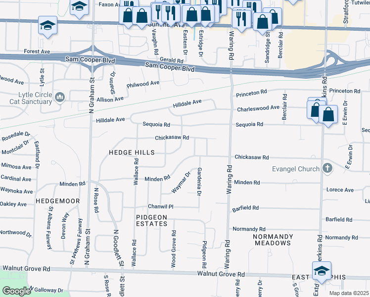 map of restaurants, bars, coffee shops, grocery stores, and more near 327 Chuckwood Road in Memphis