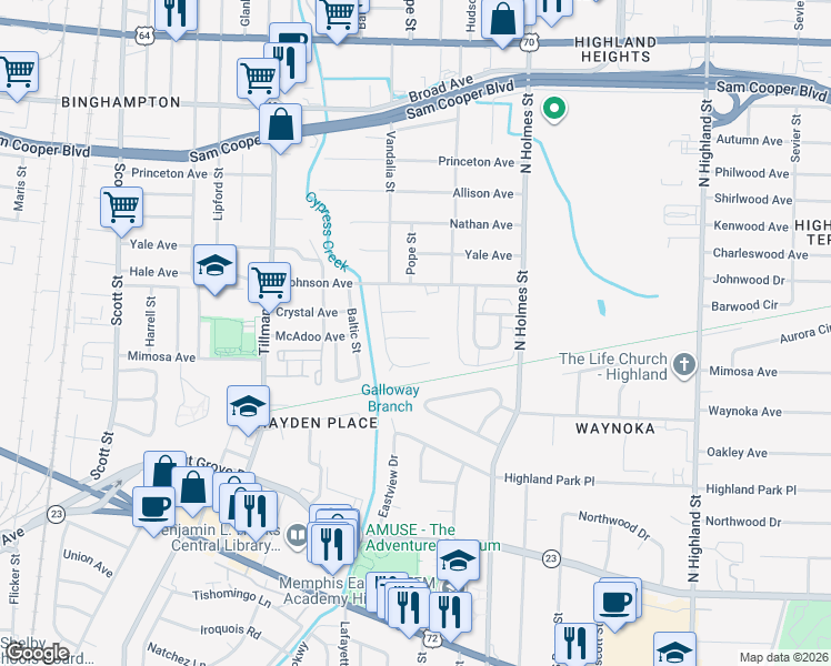 map of restaurants, bars, coffee shops, grocery stores, and more near 306 Eastview Street in Memphis
