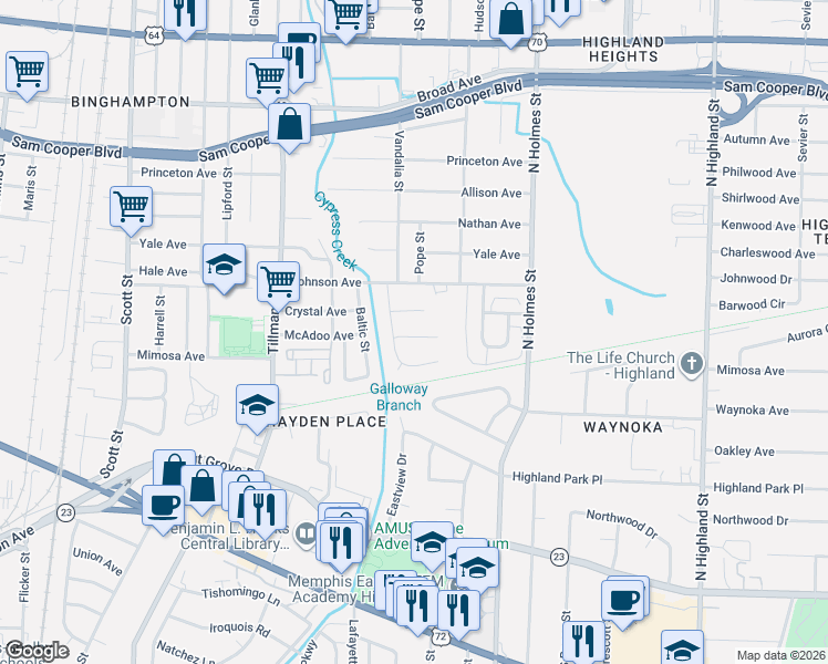 map of restaurants, bars, coffee shops, grocery stores, and more near 306 Eastview Street in Memphis