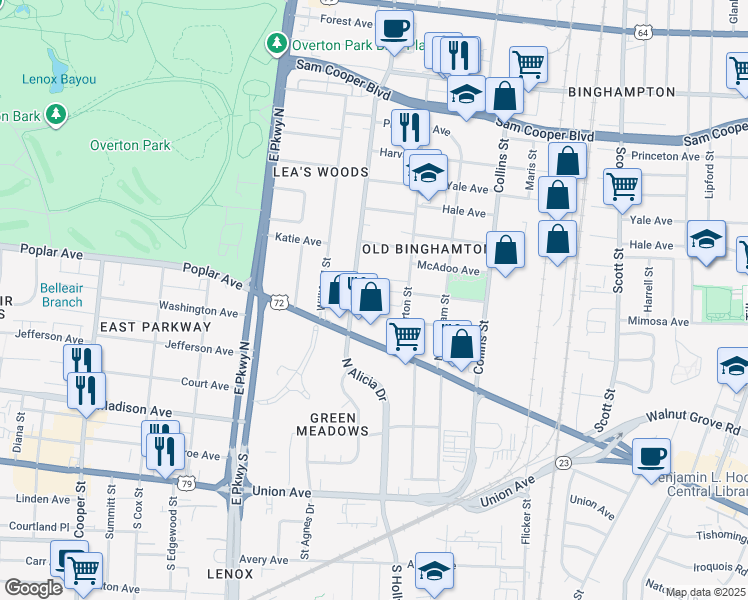 map of restaurants, bars, coffee shops, grocery stores, and more near 199 North Merton Street in Memphis