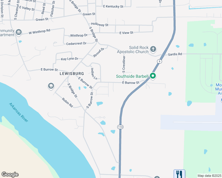 map of restaurants, bars, coffee shops, grocery stores, and more near 900 East Burrow Street in Morrilton