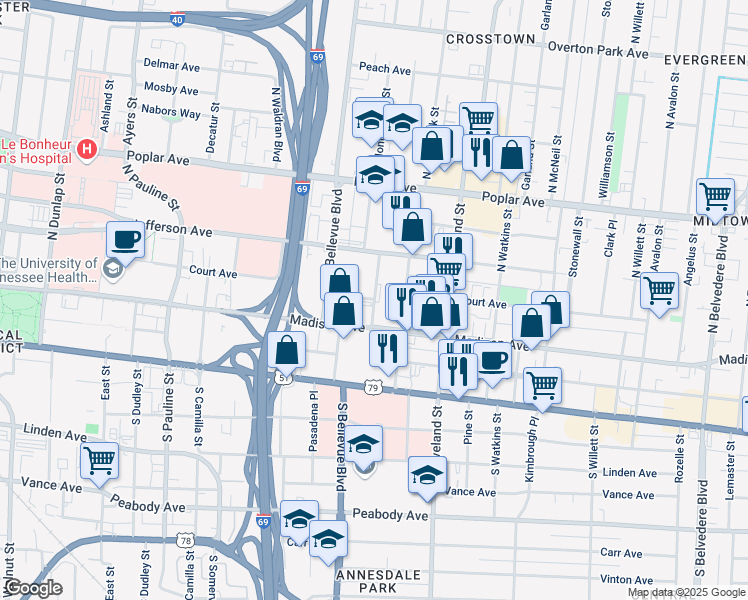 map of restaurants, bars, coffee shops, grocery stores, and more near Court Avenue in Memphis